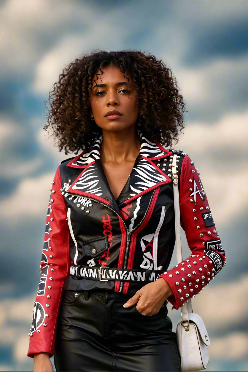 Closeup front pose of punk inspired faux leather jacket in red and black with stud accents and edgy statement look.