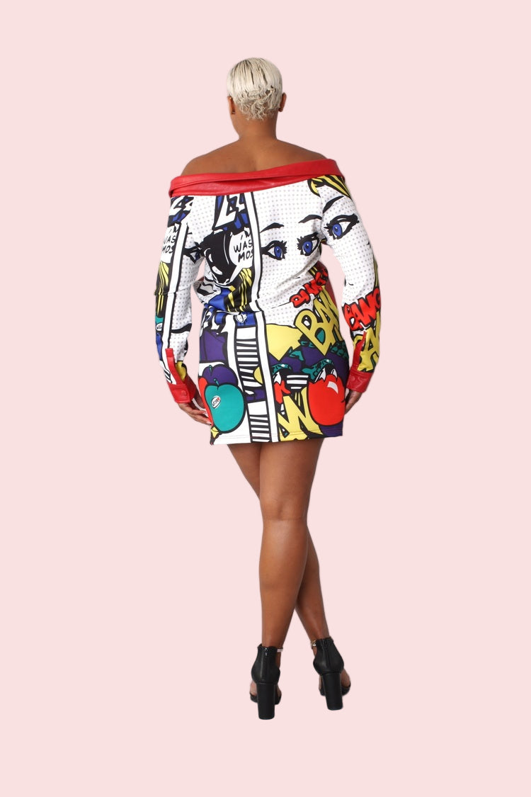 Red multi printed sleeve leather long jacket back view – For Her NYC