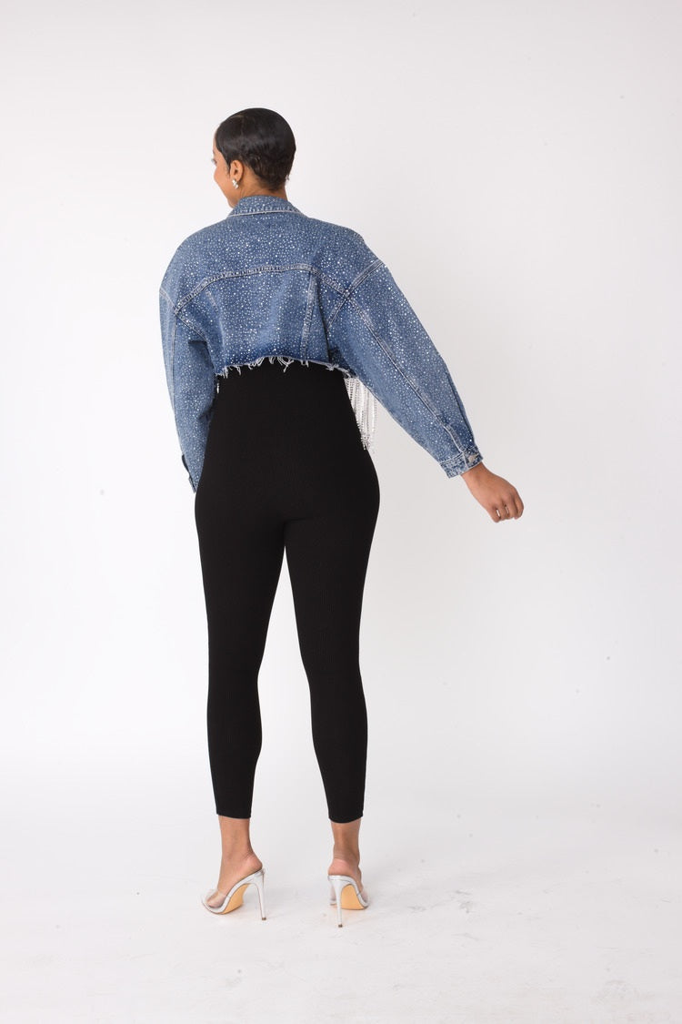 Rhinestone and chain fringe cropped denim jacket shown from the back highlighting silver chain fringe, For Her NYC