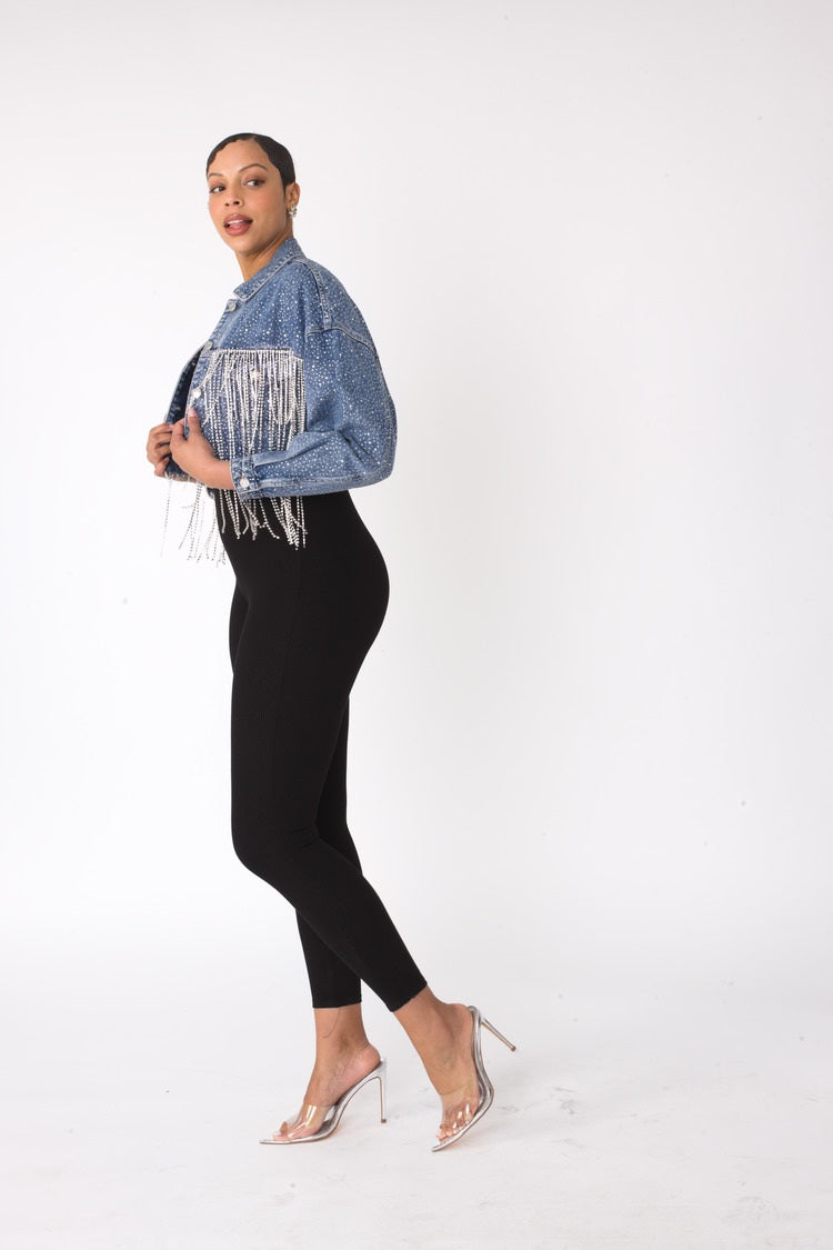 Rhinestone and chain fringe cropped denim jacket shown front full body view styled with black pants, For Her NYC