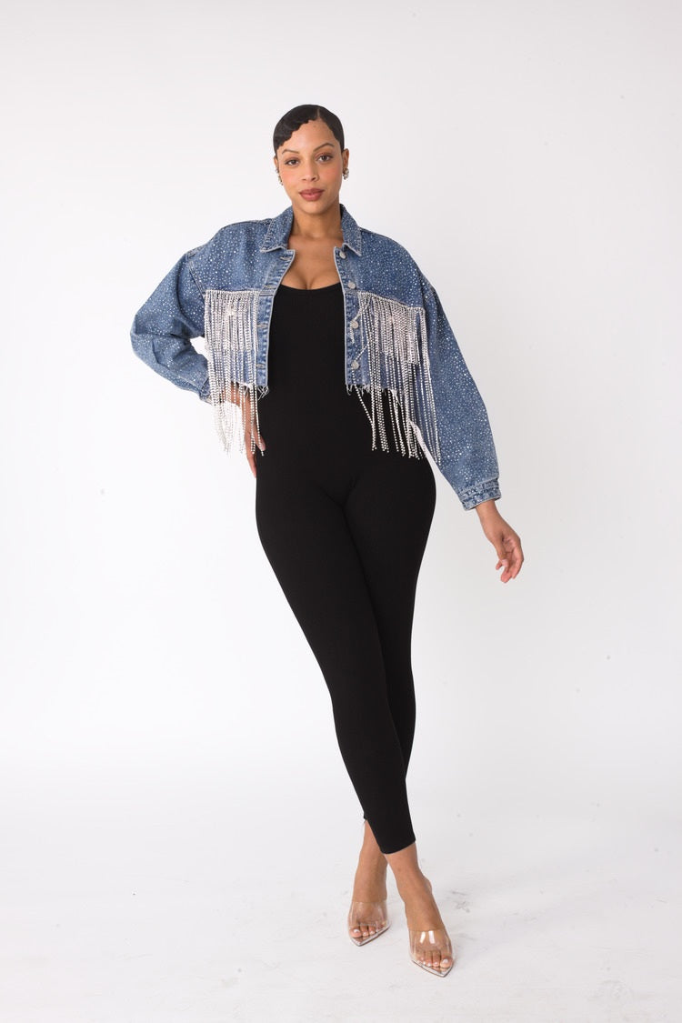Rhinestone and chain fringe cropped denim jacket shown on model walking forward, front view, statement fringe detail, For Her NYC