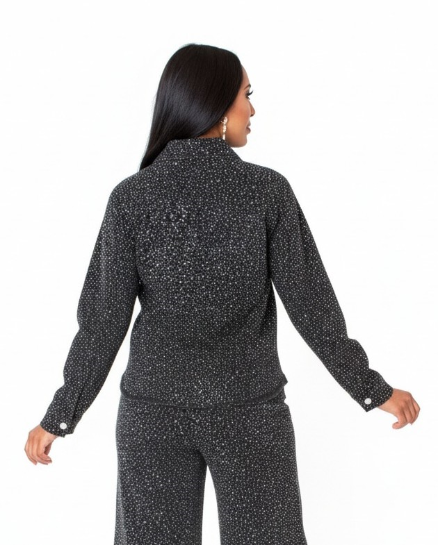Back view of black rhinestone denim jacket with wide-leg pants – For Her NYC