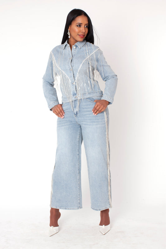 829339 Wash blue denim rhinestone fringe jean with classic fit and full-length sparkle fringe, front view by For Her NYC
