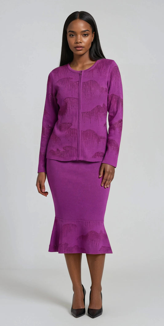 Lilac rhinestone knit jacket and skirt set with zip-front jacket and flared hem skirt front view – Tally Taylor