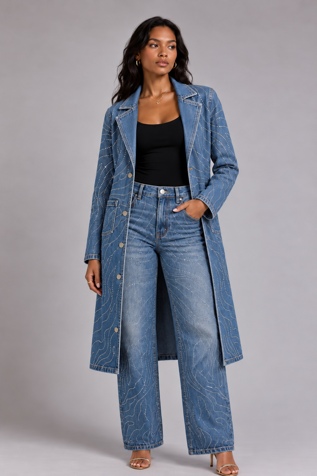 Denim rhinestone swirl long duster coat with tailored fit and back view – For Her NYC