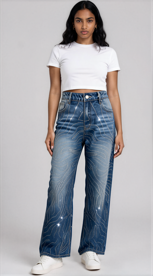 Denim rhinestone swirl wide-leg jeans with subtle sparkle detailing and relaxed fit front view – For Her NYC