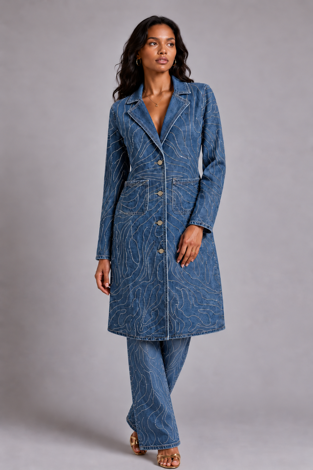 Denim rhinestone swirl long duster coat with tailored silhouette and sparkle detailing front view – For Her NYC 