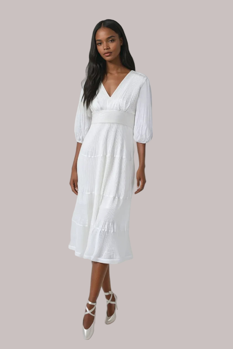 White tiered maxi dress in motion perfect for special occasions