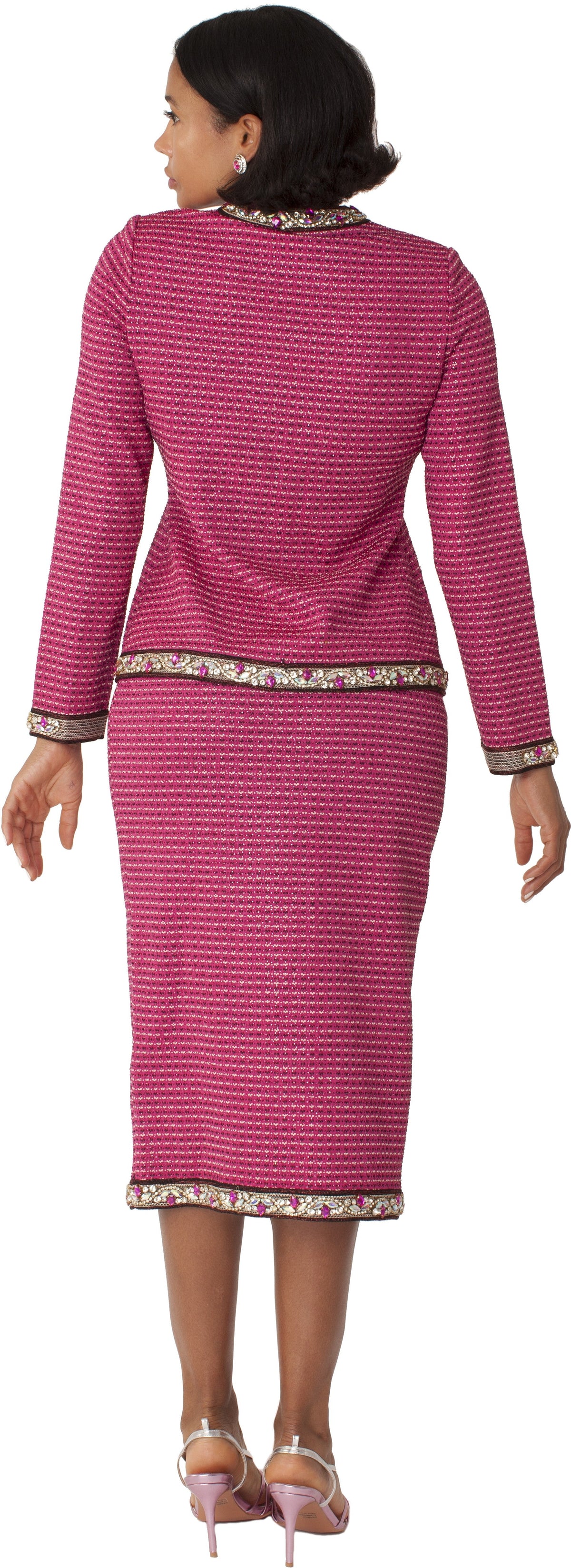 Rose pink knit skirt suit with textured knit pattern and floral trim, back view, Tally Taylor