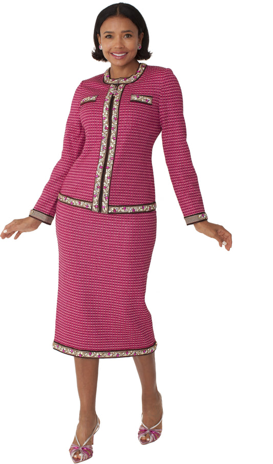 Rose pink knit two-piece skirt suit with floral trim detailing and fitted jacket, front view, Tally Taylor