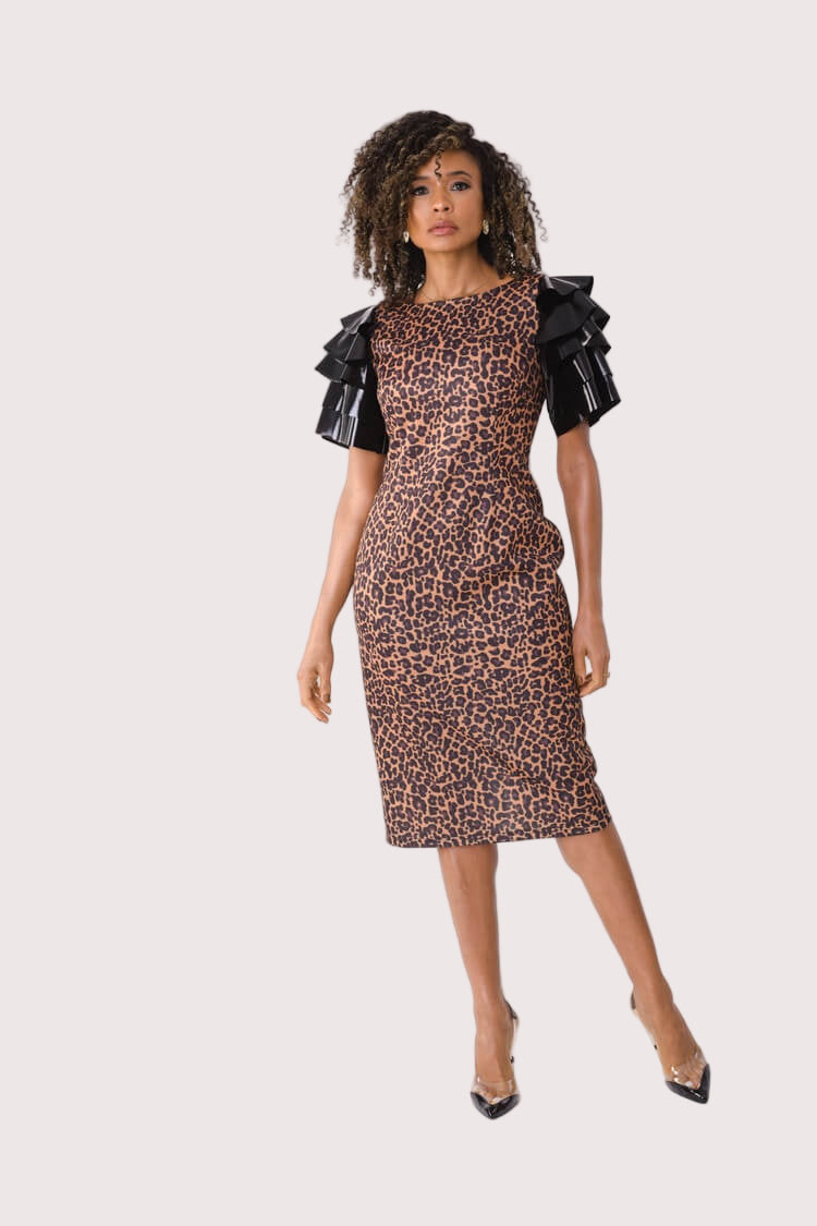 Front view leopard print midi dress with bold layered ruffle sleeves – For Her NYC