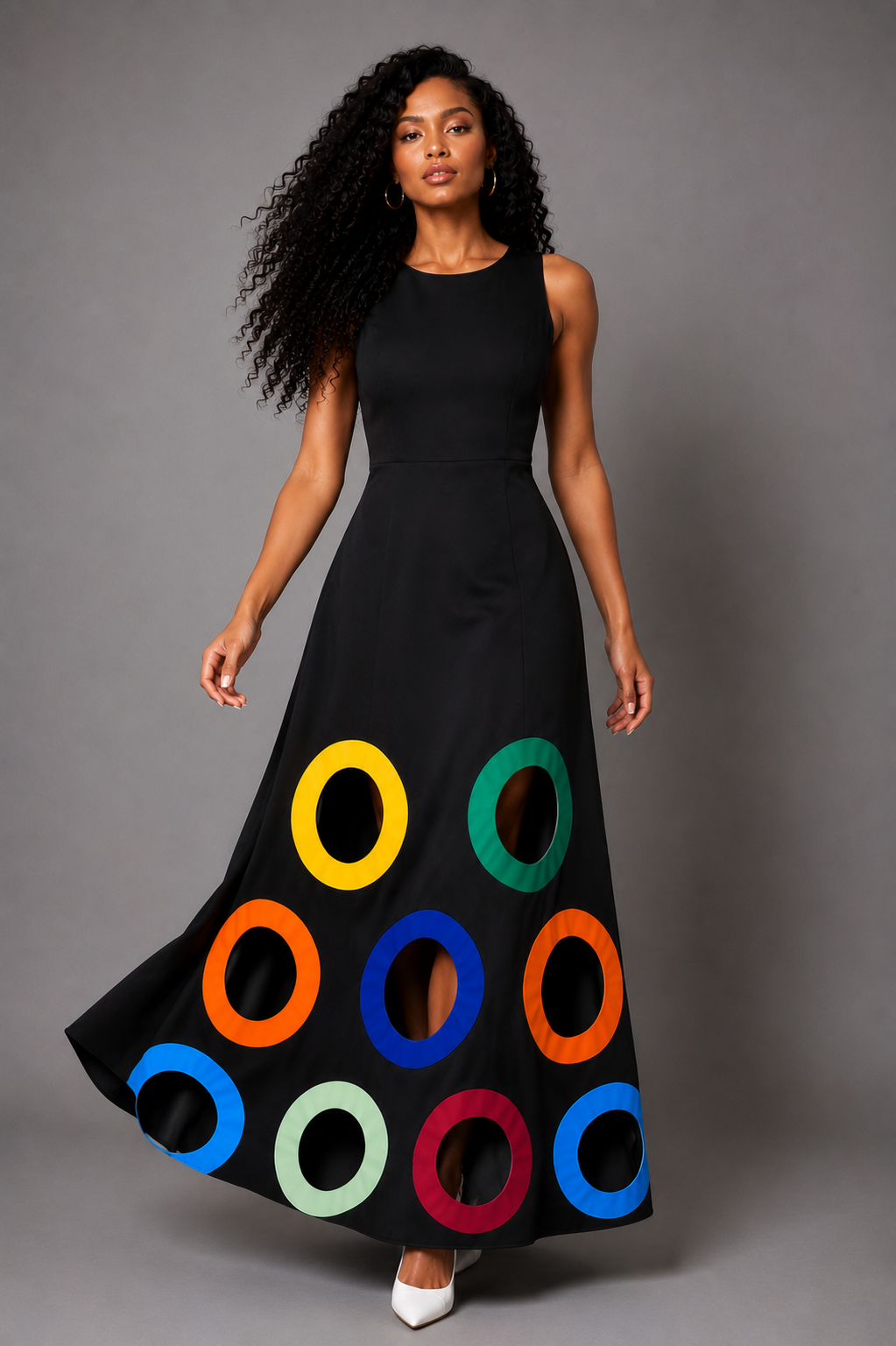 For Her NYC Colorful Circles Cutout Dress in Black Multi featuring a sleeveless fit-and-flare silhouette, vibrant multicolor circle cutout-inspired accents along the hem, and a flowing maxi-length design.