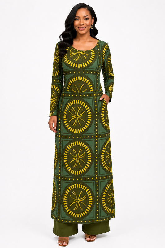 Geo Circle Print Long Tunic Pant Set - S0274