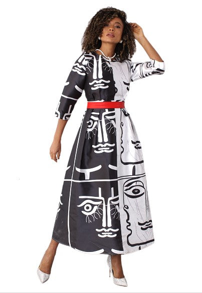 Black and white script print satin dress with rhinestone brooch, model standing front pose – Tally Taylor