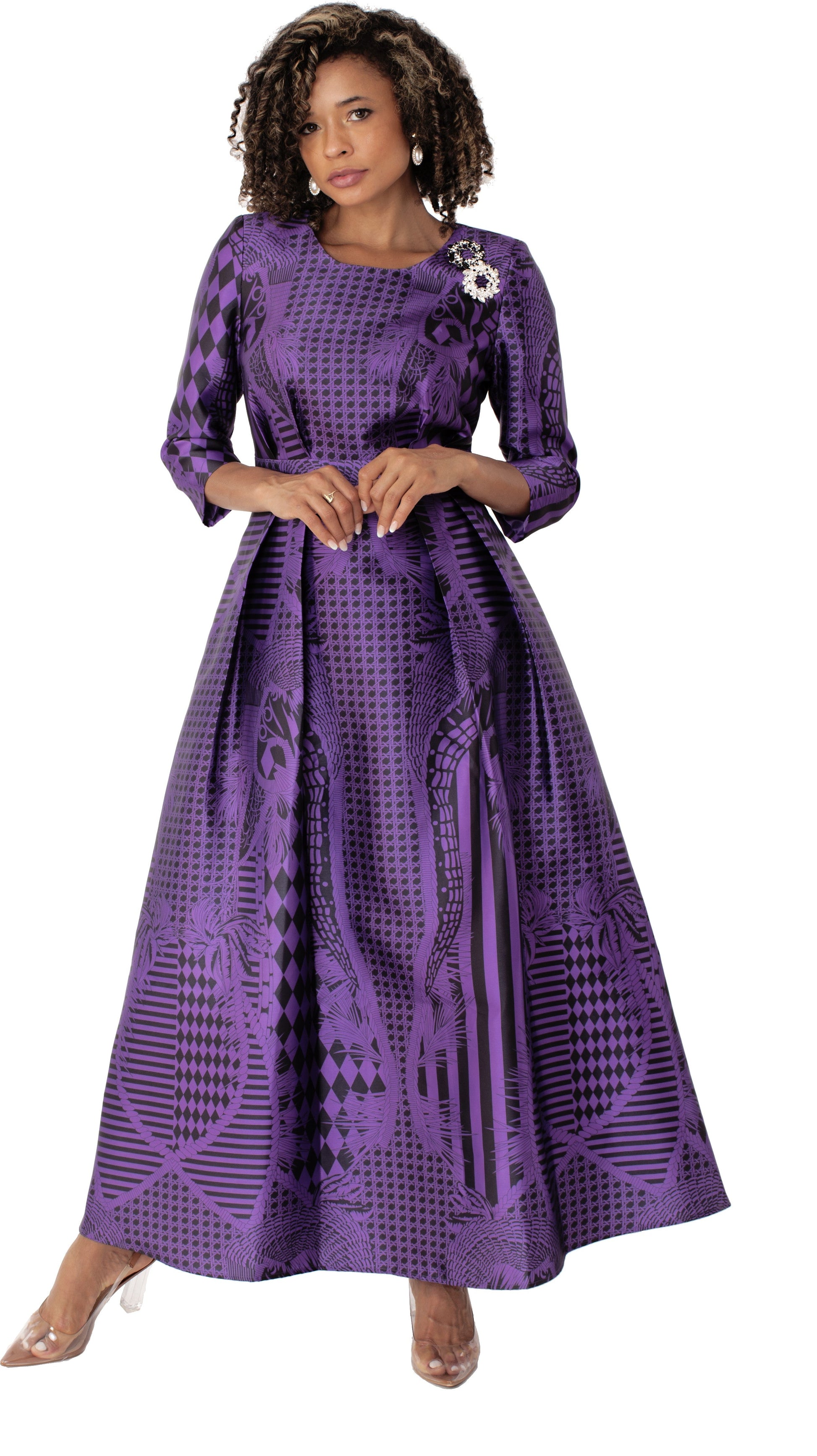 Purple satin dress with rhinestone brooch and 3/4 sleeves, model standing front pose – Tally Taylor