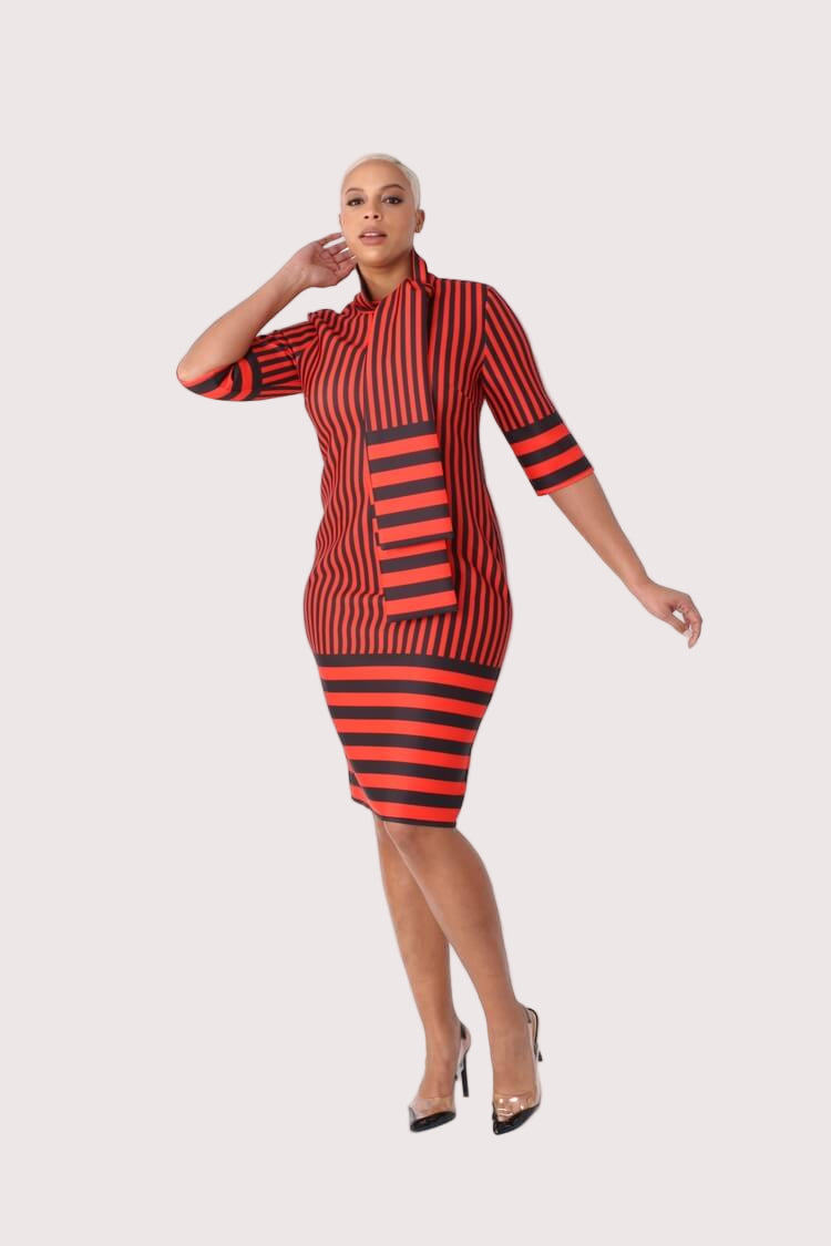 Alternate front motion view of a red and black striped scuba bodycon dress with 3/4 sleeves and attached scarf detail, showcasing flexibility and modern styling by For Her NYC