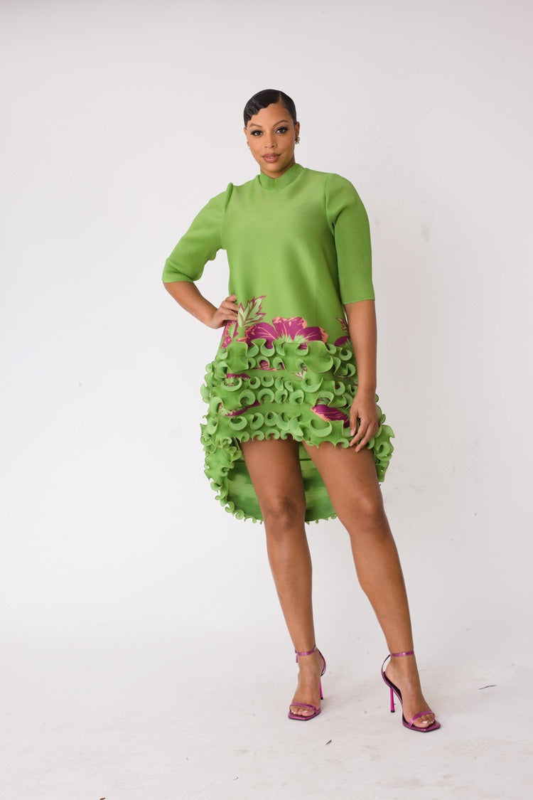 Model wearing Sculptural Ruffle High-Low Dress in front standing pose showcasing dimensional ruffle detail and high-low hem, For Her NYC