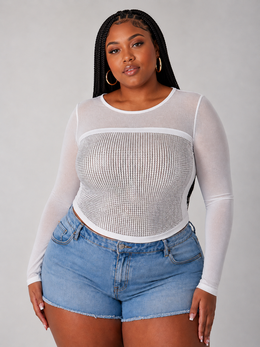 model wearing the For Her NYC Style 82198 white sheer mesh long sleeve top featuring an allover rhinestone front panel and semi-sheer sleeves.