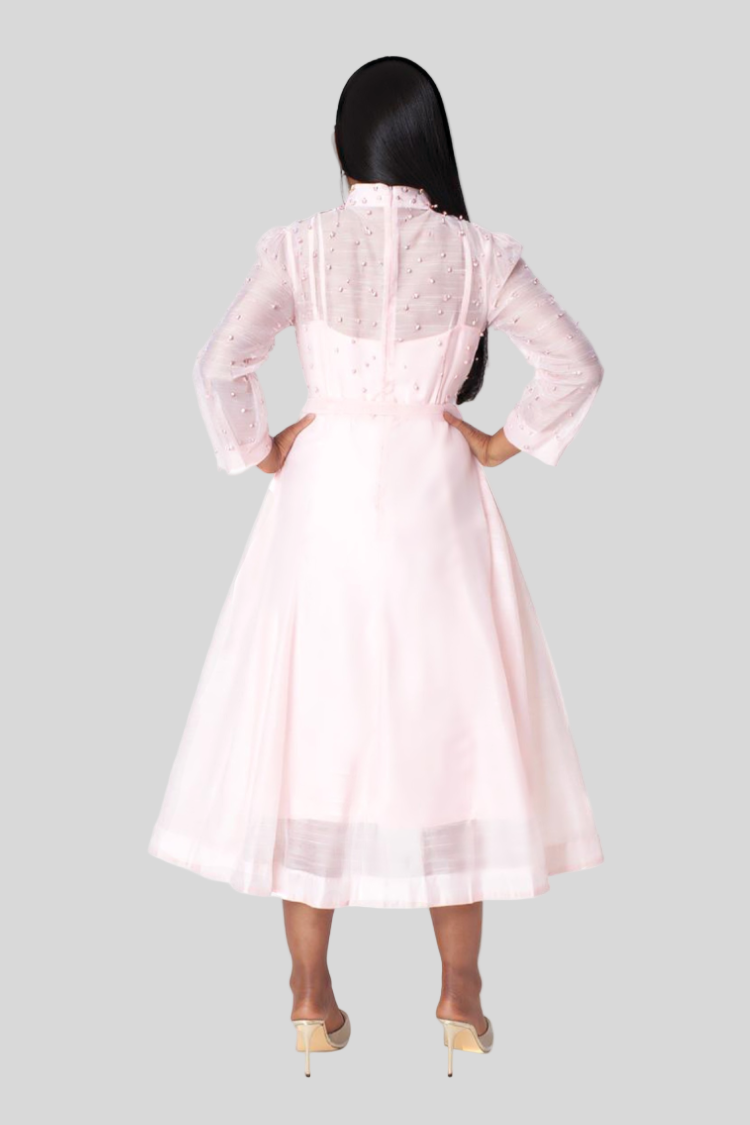 Peach pearl midi dress back view showing soft chiffon flow – For Her NYC