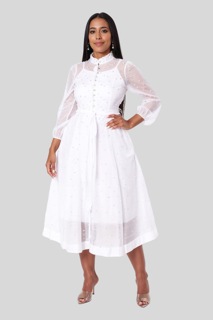 White spring pearl midi dress with long sleeves and pearl accents, elegant modest style – For Her NYC