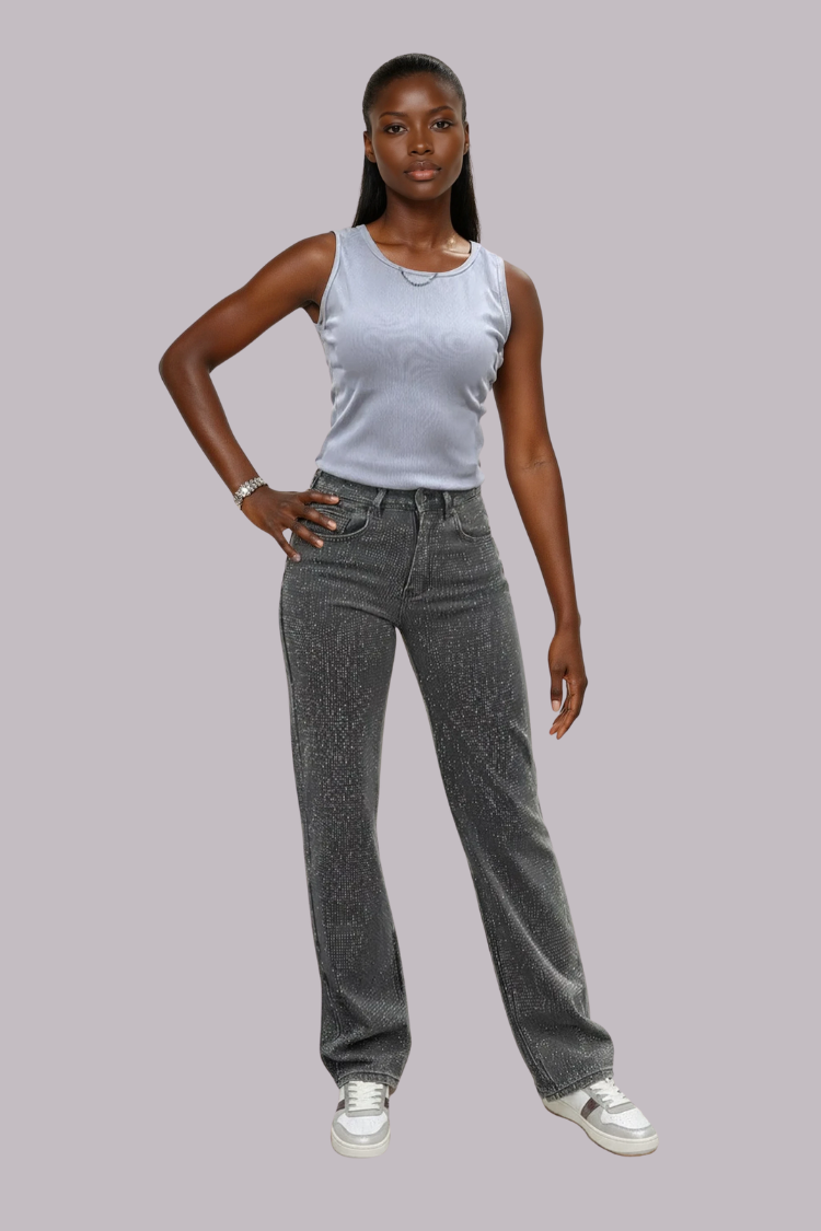 Front view of straight leg rhinestone denim jeans in black denim with sparkling embellishments for a bold fashion statement.
