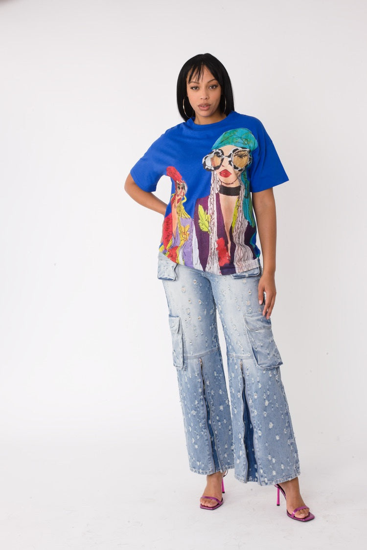 Royal multi street style graphic tee shown in front standing pose paired with denim for everyday styling, For Her NYC