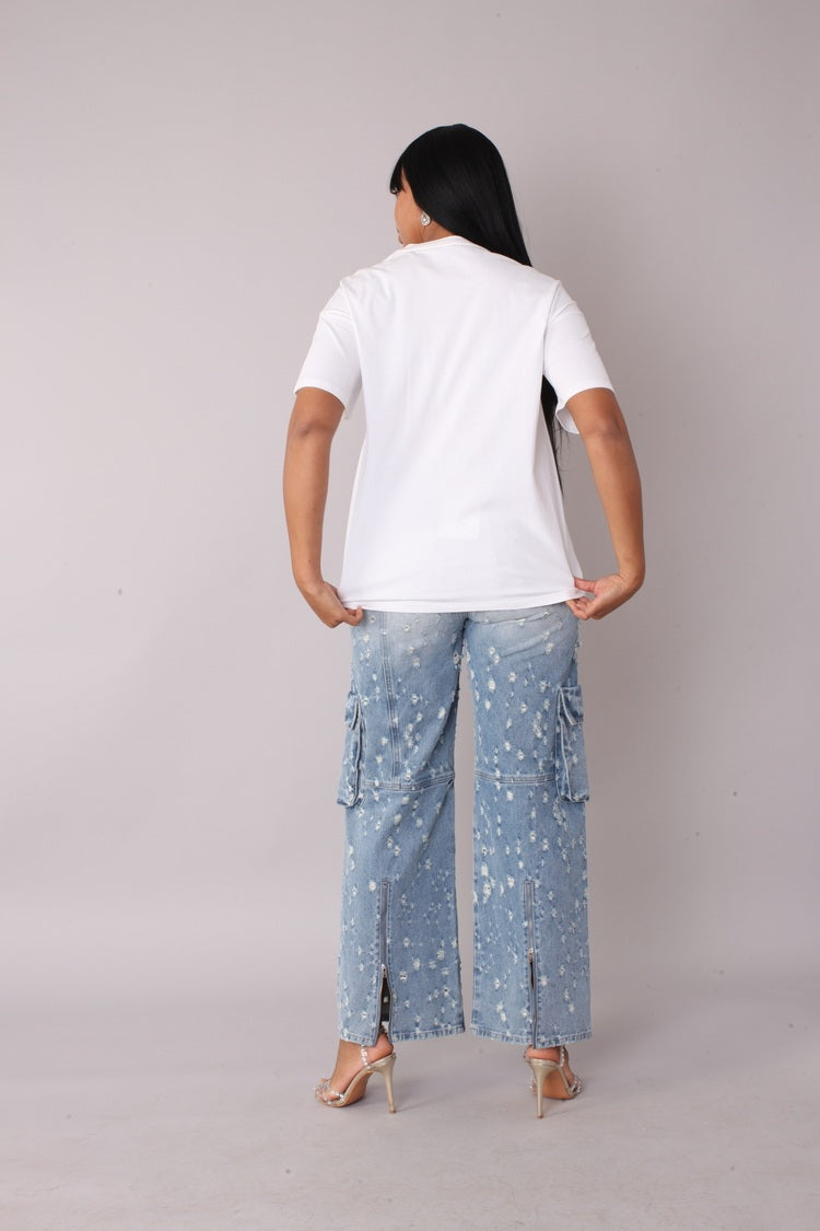 White/Multi street style graphic tee shown in back view emphasizing oversized fit and length, For Her NYC