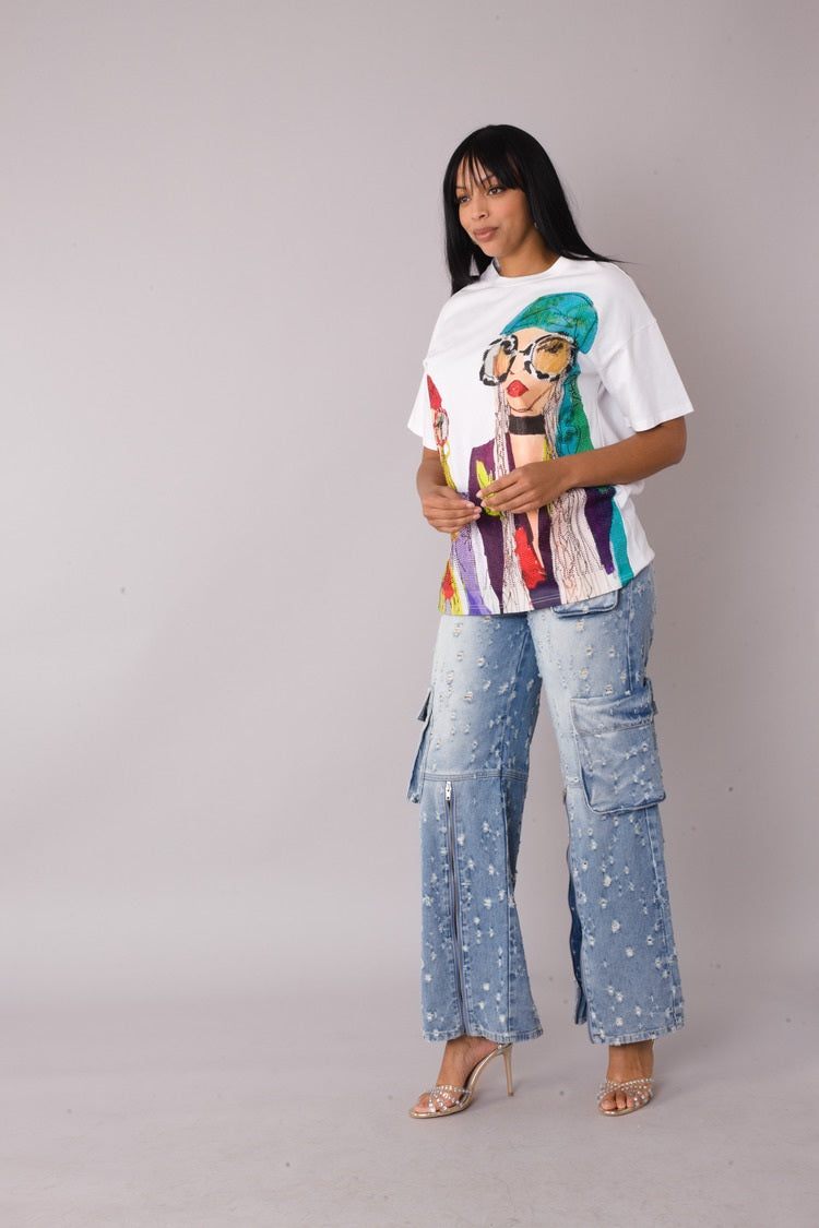 White/Multi street style graphic tee shown in back view emphasizing oversized fit and length, For Her NYC