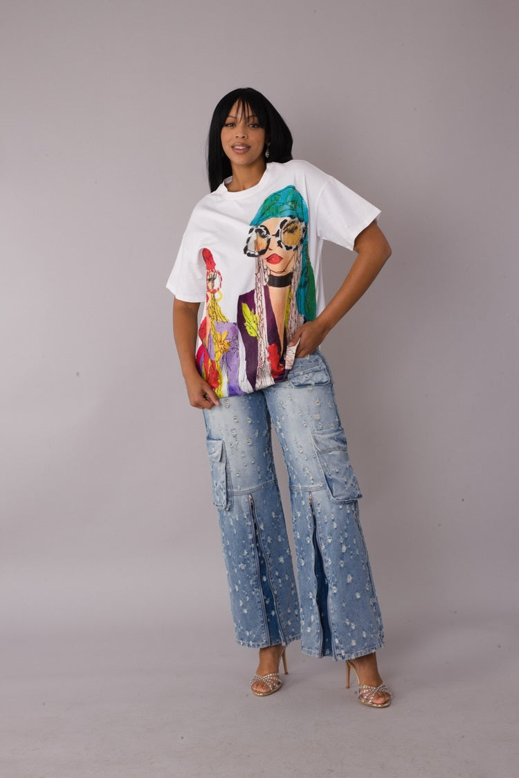 White/Multi street style graphic tee shown in front standing pose highlighting colorful graphic contrast, For Her NYC