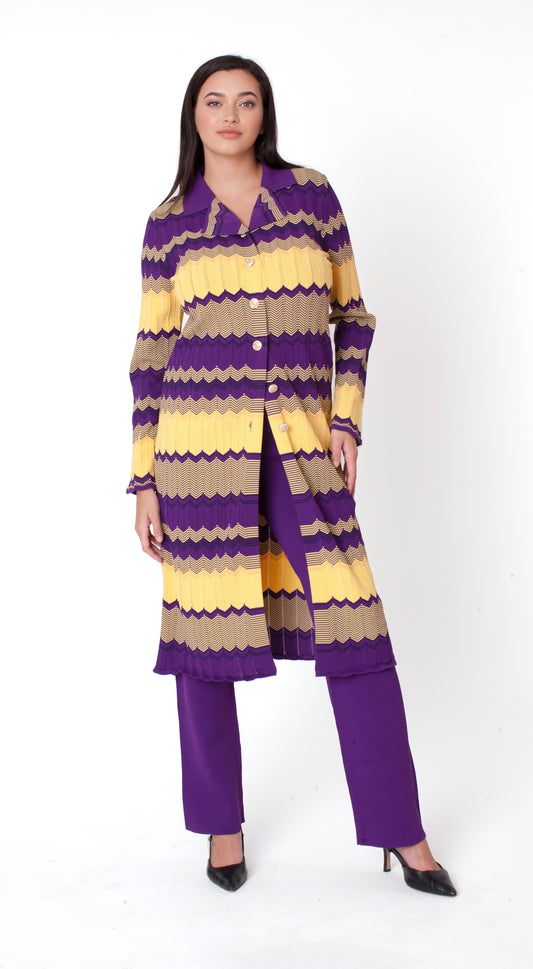 Purple multicolor striped knit duster and pant set with long button-front jacket and coordinating pants front view – Tally Taylor