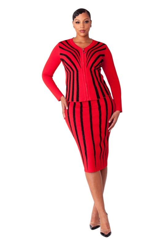 Striped two piece knit suit in red and black featuring a fitted long sleeve top and midi skirt, front walking pose by Tally Taylor