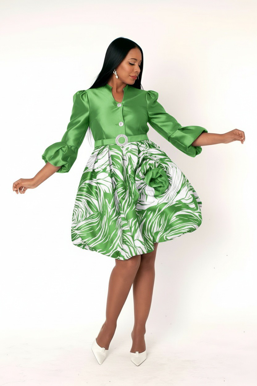 Puff Sleeve Fit & Flare Occasion Dress - 9845