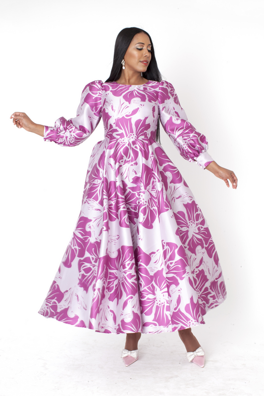 Floral Brocade Dress with Bishop Sleeves - 4848