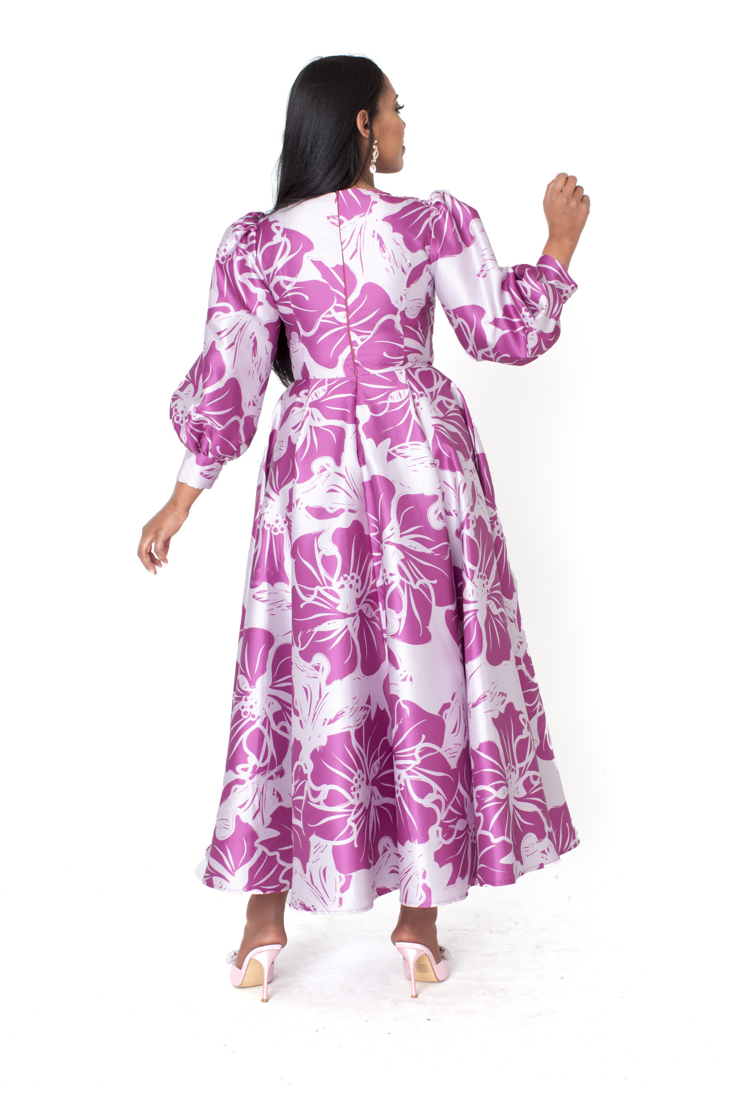 Floral Brocade Dress with Bishop Sleeves - 4848