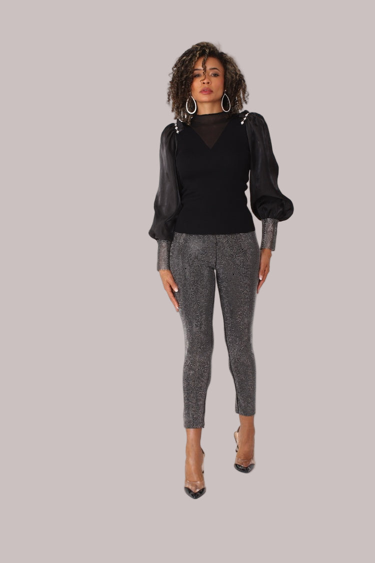 Front view of black suede diamond embellished pants – For Her NYC