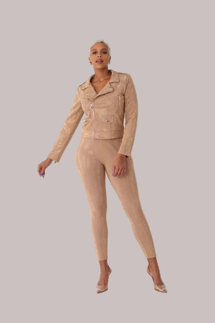 Angled stepping view of nude suede diamond embellished pants – For Her NYC