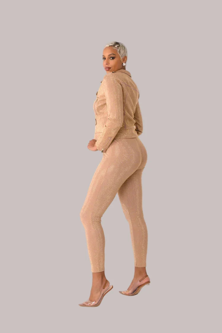 Three-quarter rear view of nude suede diamond embellished pants – For Her NYC
