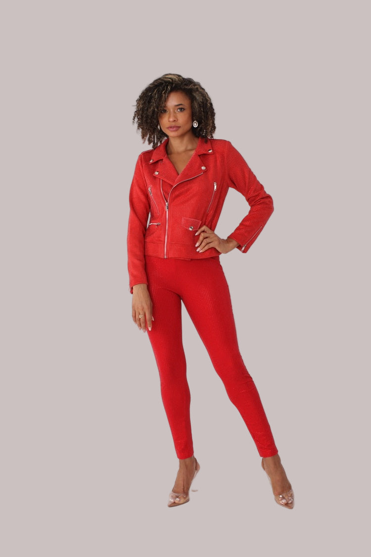 Front view of red suede diamond embellished pants – For Her NYC