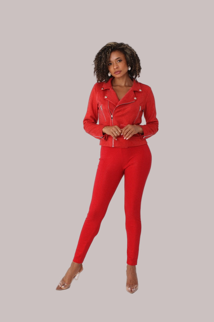 Front view of red suede diamond embellished pants – For Her NYC