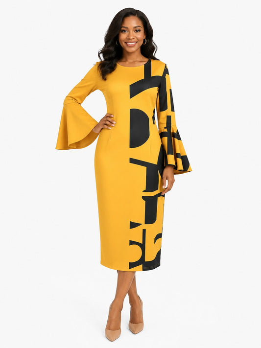 For Her NYC Abstract Bell Sleeve Midi Dress in Mustard and Black featuring a bold geometric print, dramatic bell sleeves, fitted silhouette, and midi length.