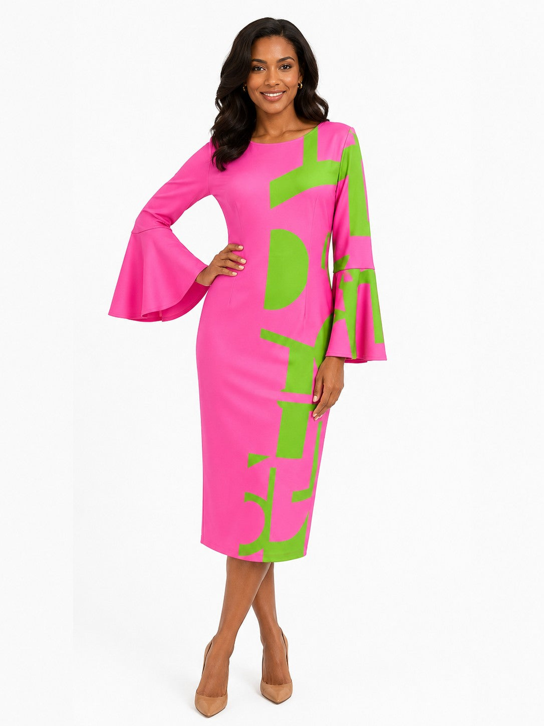 Abstract Bell Sleeve Midi Dress - T7797