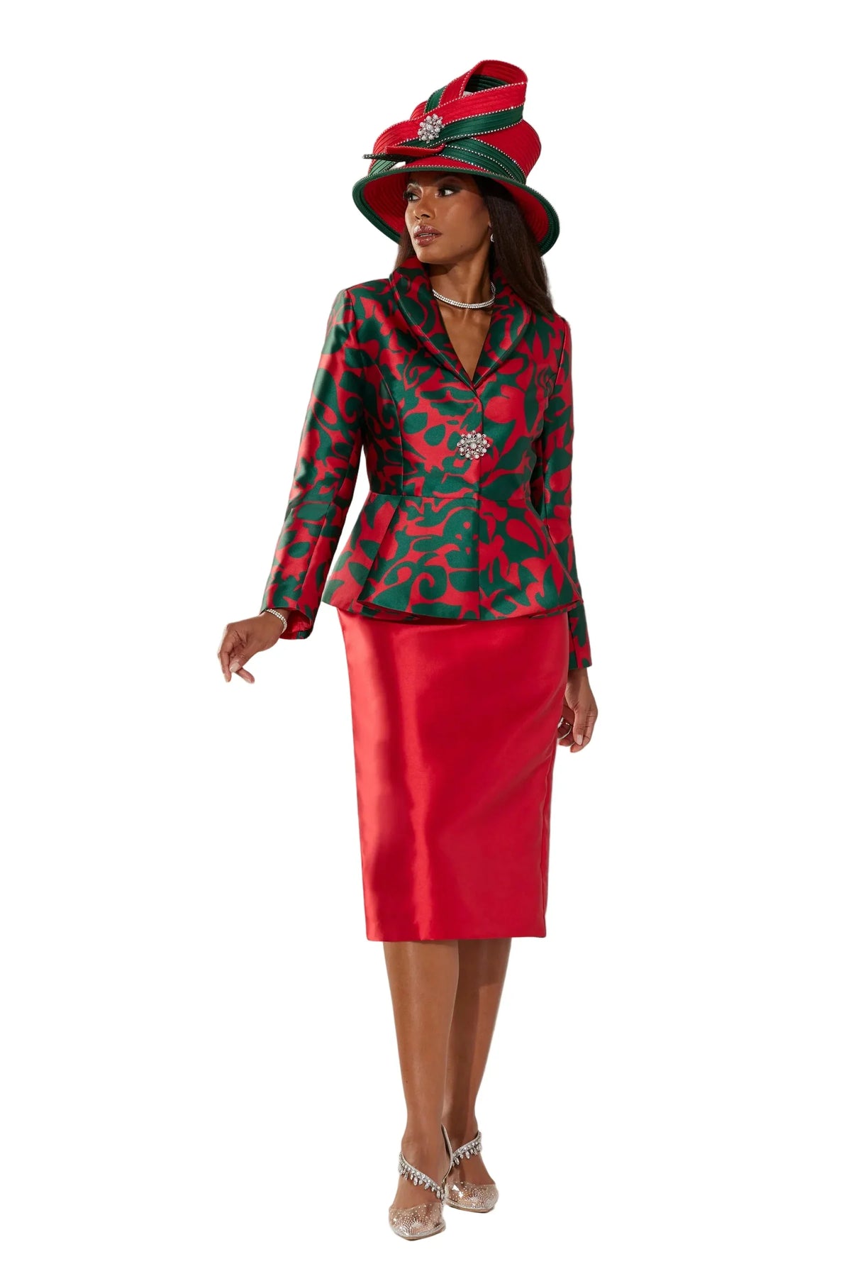 Front view of a model wearing the Tally Taylor Abstract Print Jacket and Midi Skirt Set - U0109 with a coordinating statement hat