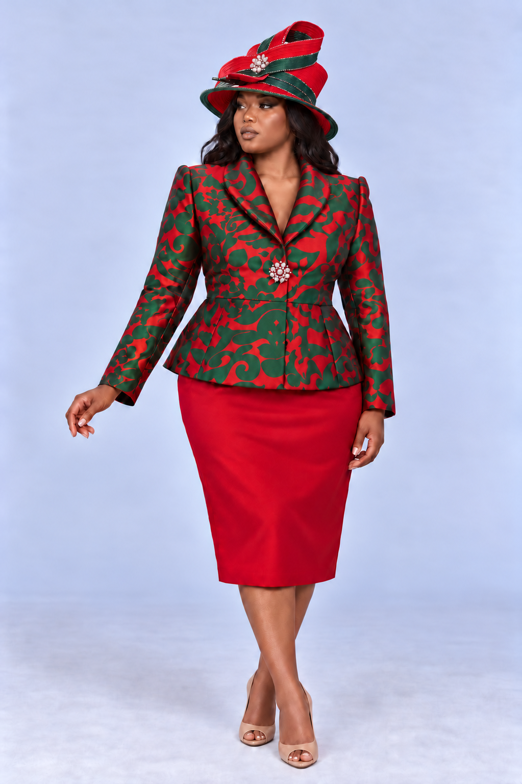 Front view of a plus size model wearing the Tally Taylor Abstract Print Plus Size Jacket and Midi Skirt Set - U0109W with a coordinating statement hat