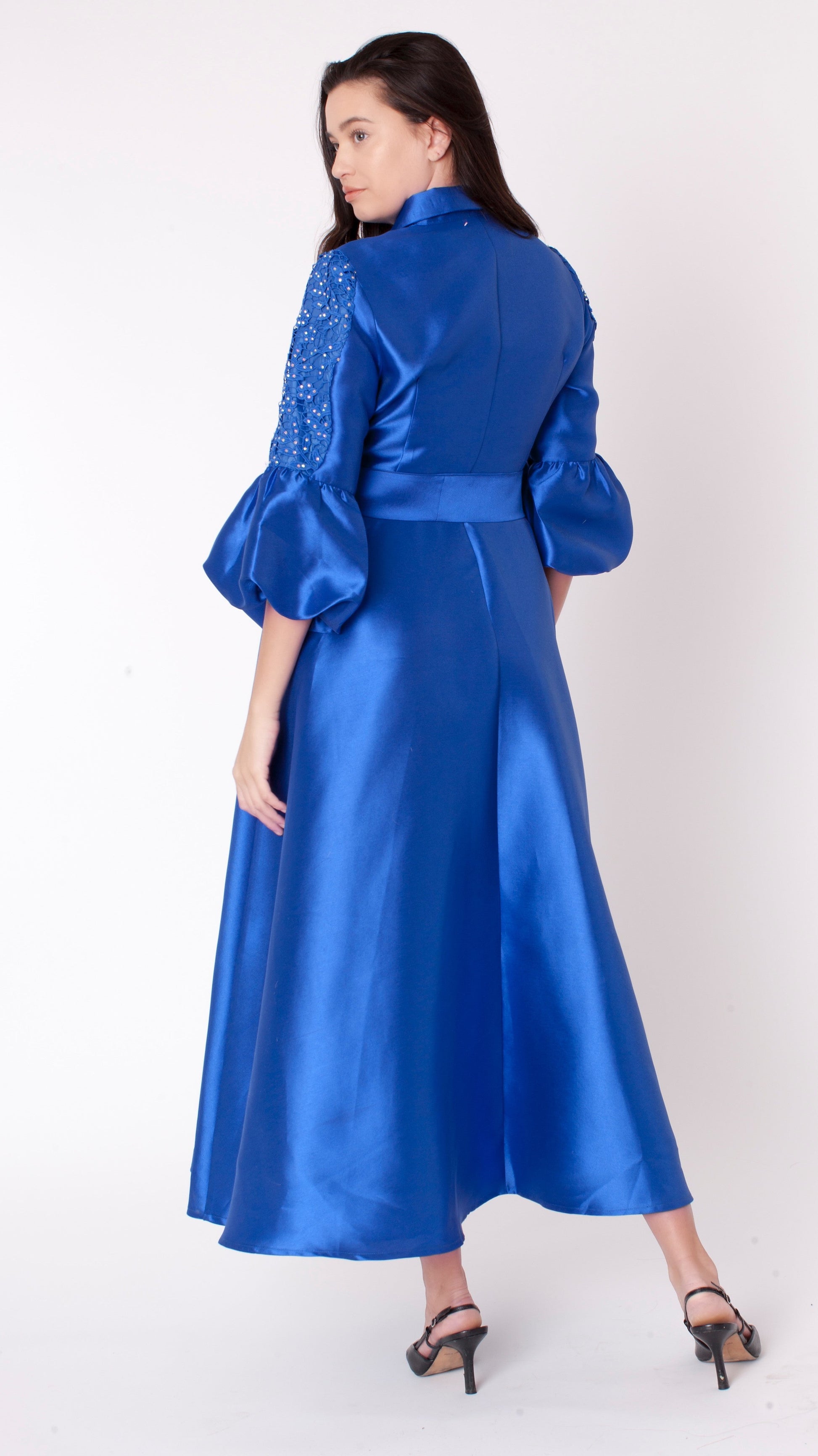Royal blue bishop sleeve tie waist satin-like maxi dress with flowing skirt back view Tally Taylor