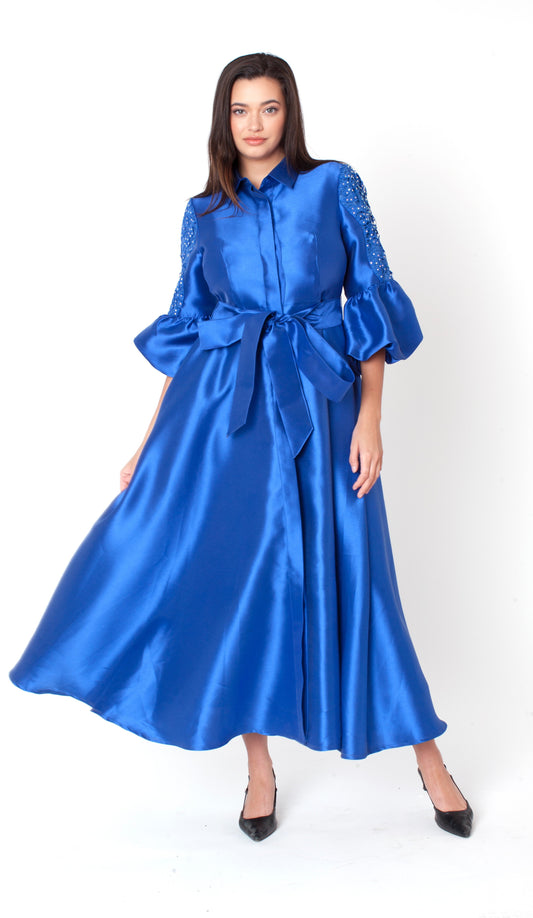 Royal blue bishop sleeve tie waist satin-like maxi dress with button front collar front view Tally Taylor