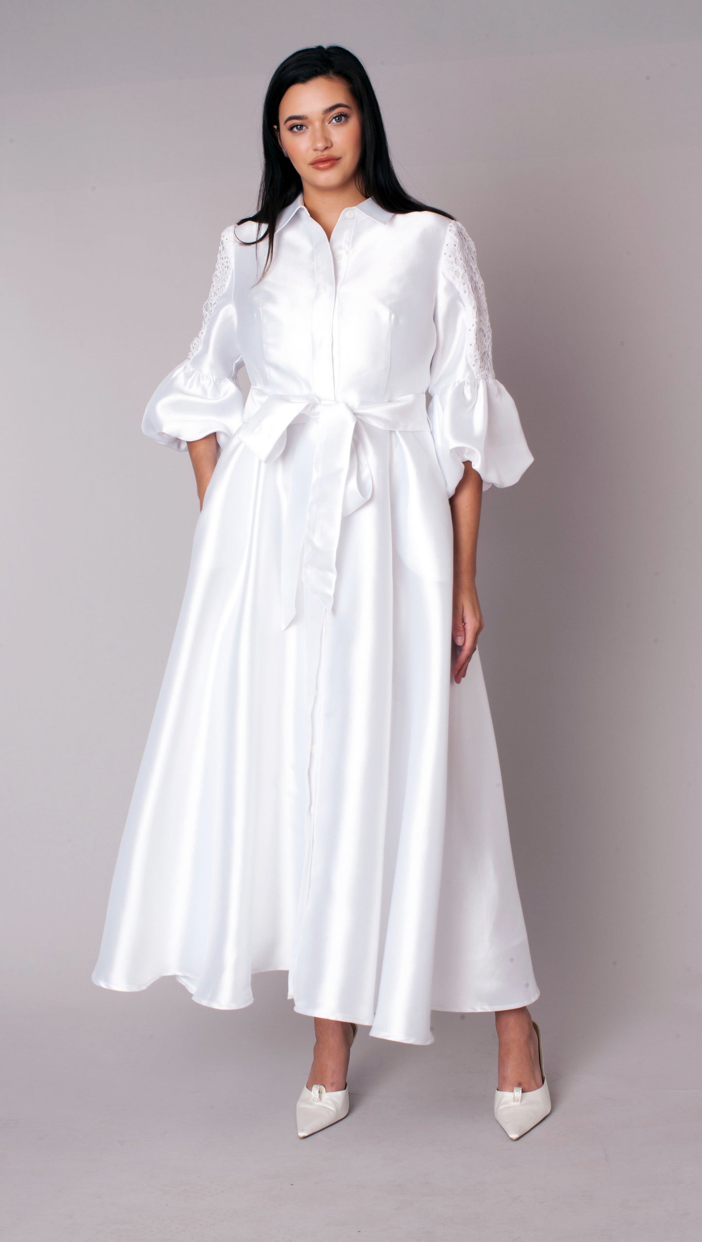 White bishop sleeve tie waist satin-like maxi dress with button front collar and embellished sleeves front view Tally Taylor