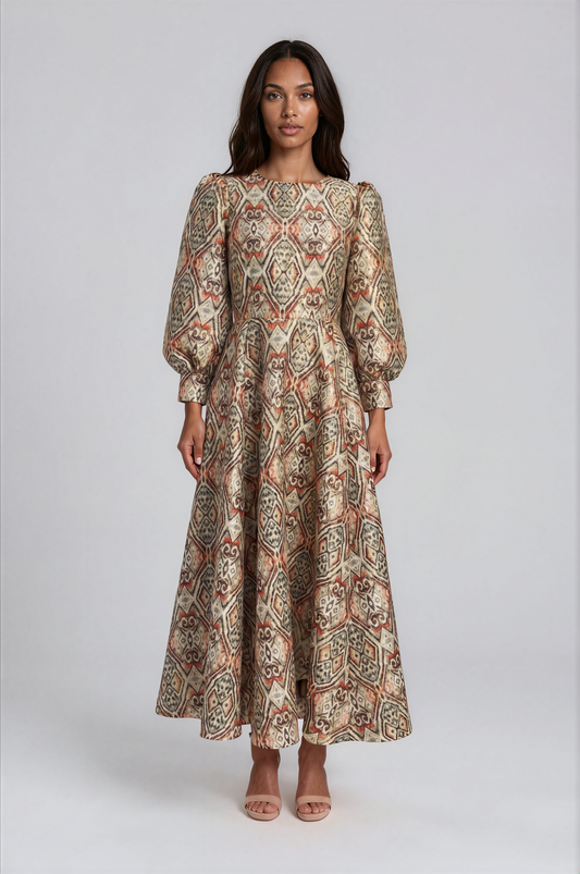 Tally Taylor burnt orange multi floral brocade maxi dress featuring bishop sleeves, a round neckline, and a decorative brooch.