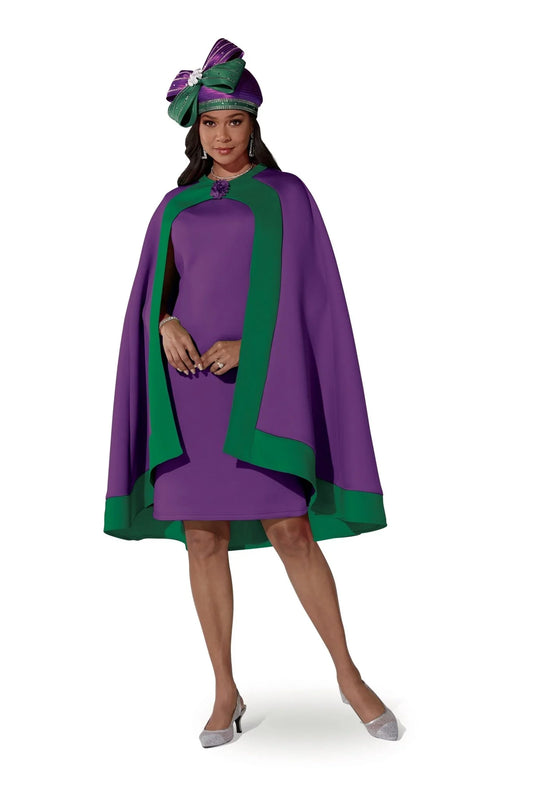 Front view of model wearing the Tally Taylor Plus Size Cape Sheath Dress - U0617W in purple with green trim and a jeweled brooch