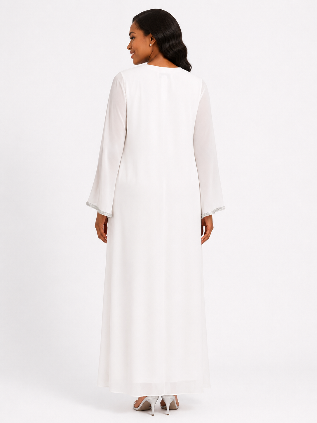 Tally Taylor Crystal Trim Chiffon Caftan Dress with flowing back and crystal-trim sleeves, style U0527