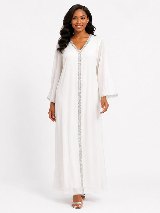 Tally Taylor Crystal Trim Chiffon Caftan Dress with V-neck crystal detailing, style U0527